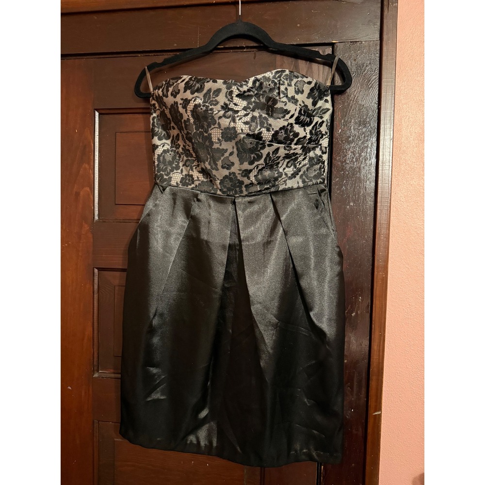 Studio Y Strapless Floral Lace Satin Cocktail Dress Black Silver 7/8 Y2K